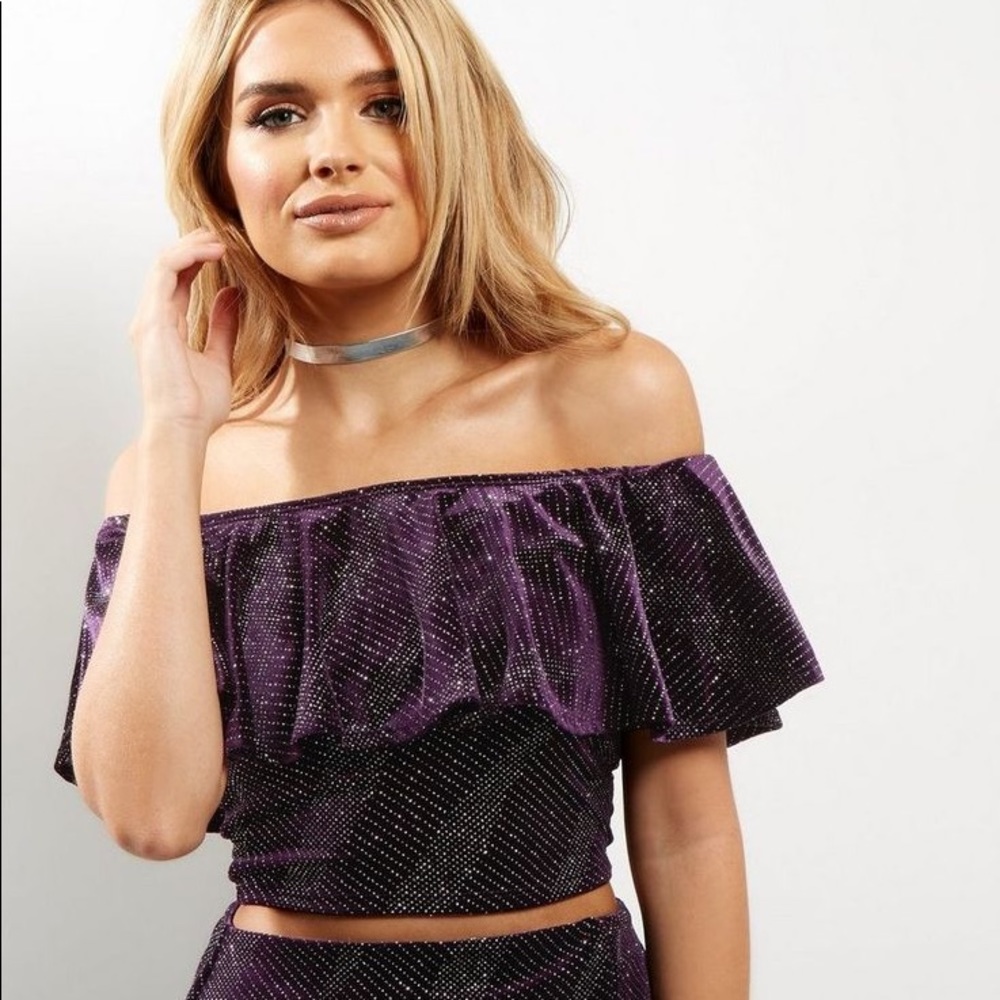Petite dark purple/eggplant-colored velvet glitter Bardot neck crop top size 6